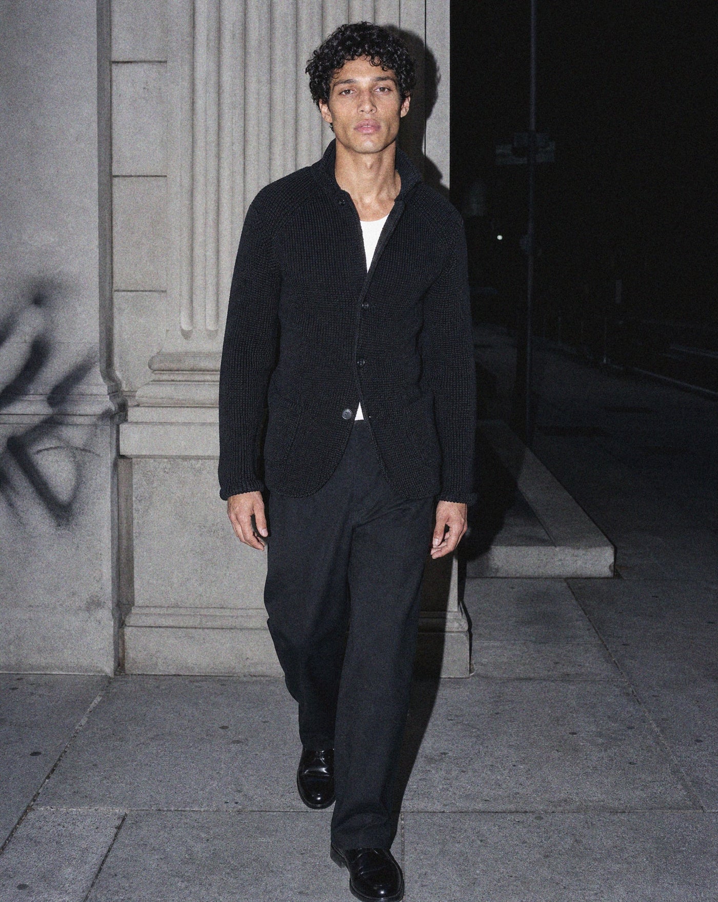 Sentry Cardigan editorial — black and dark blue standing collar cardigan by Sulta Studios