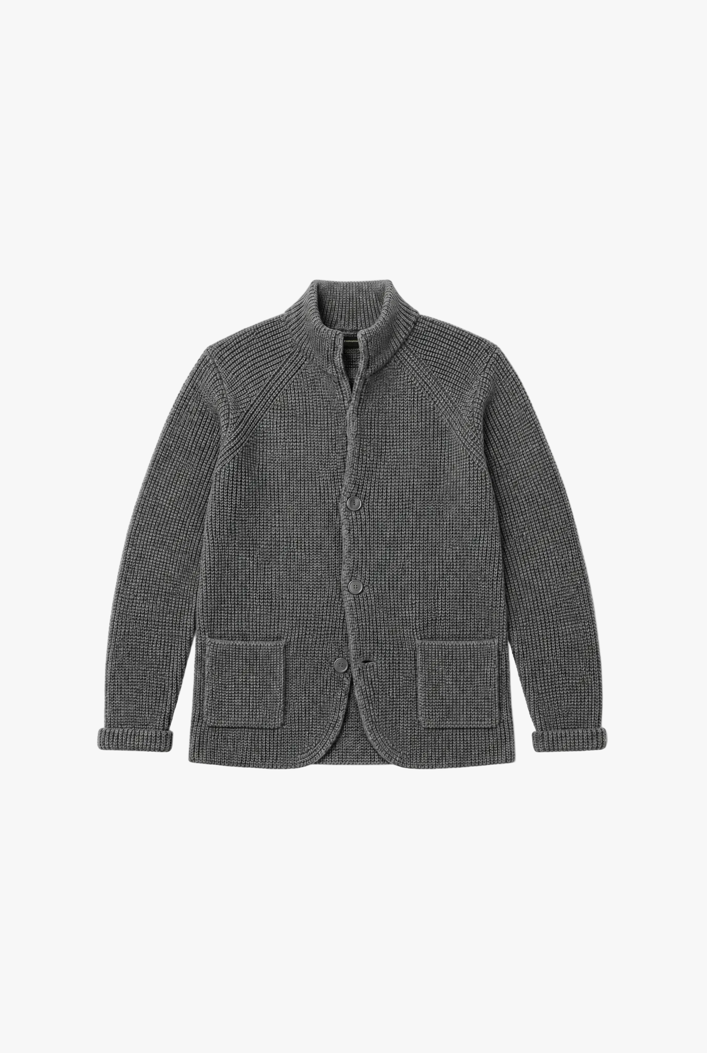 Sentry Cardigan — grey ribbed knit standing collar cardigan flat lay by Sulta Studios