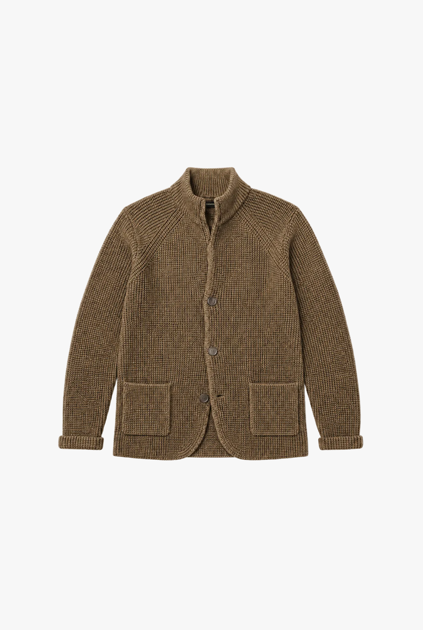 Sentry Cardigan — khaki ribbed knit standing collar cardigan flat lay by Sulta Studios