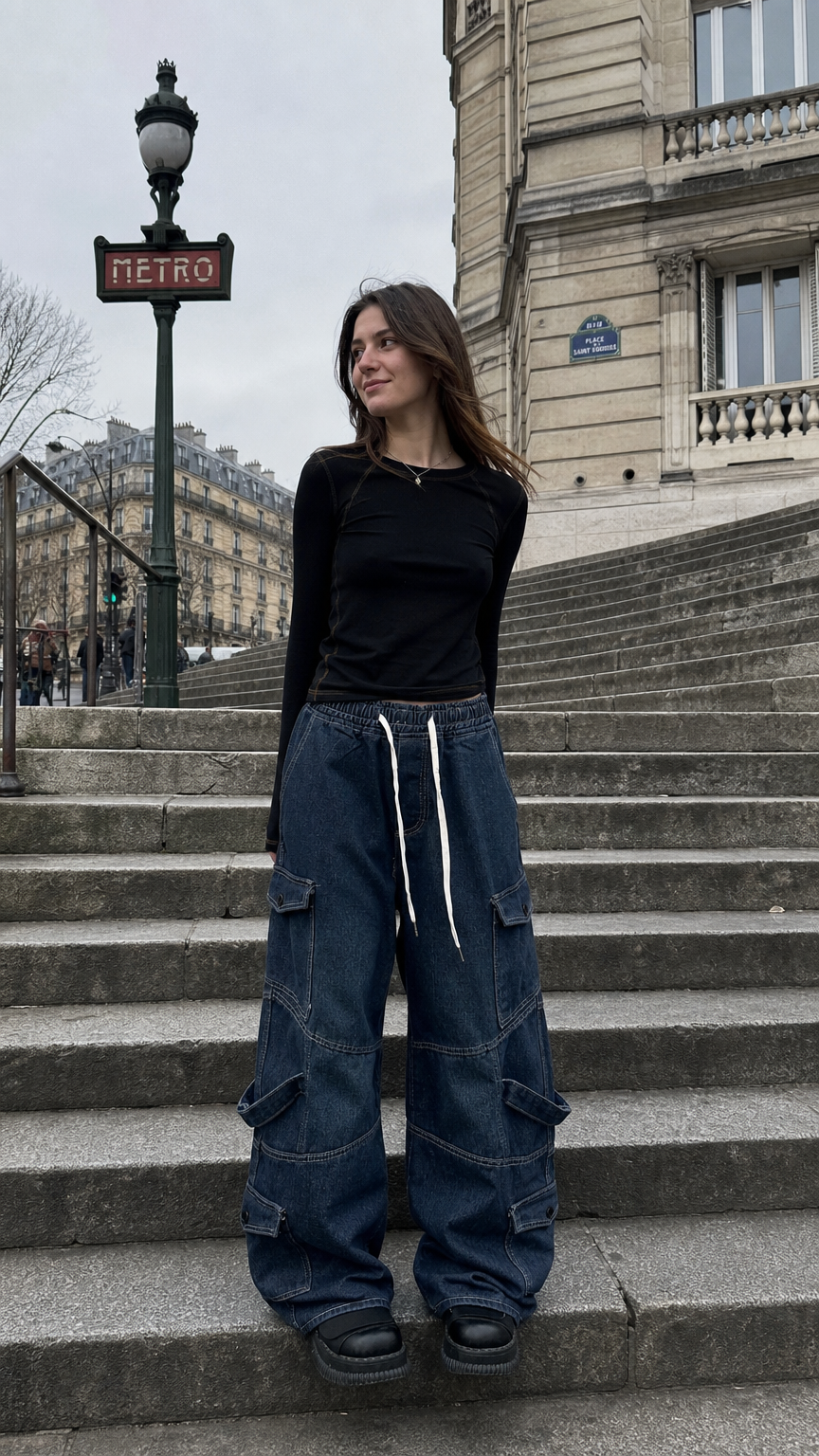 Drawstring Denim Cargo Jeans — women's blue wide leg jeans by Blnka Kollective