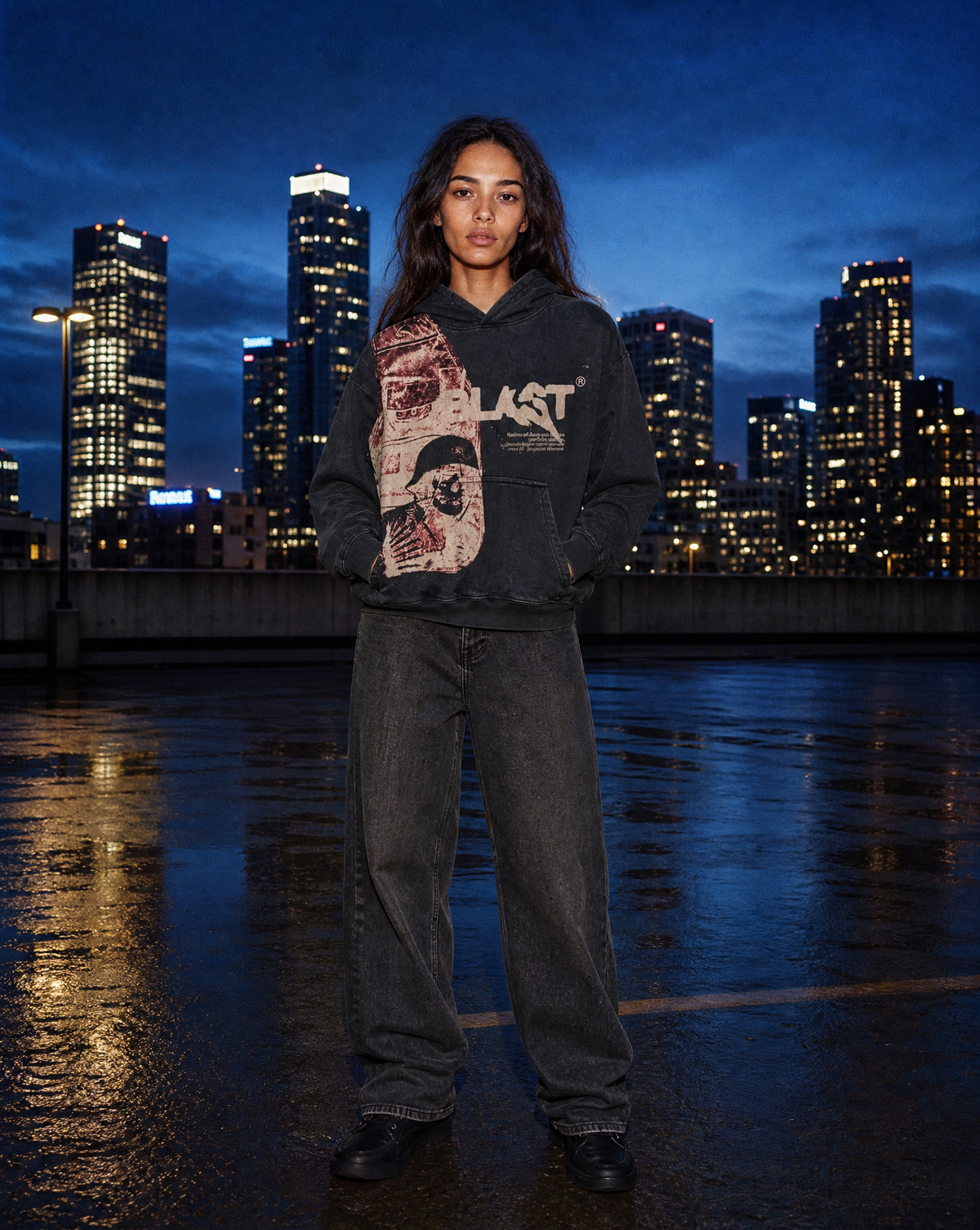 Skull Letter Hoodie — female model editorial shot by Sulta Studios