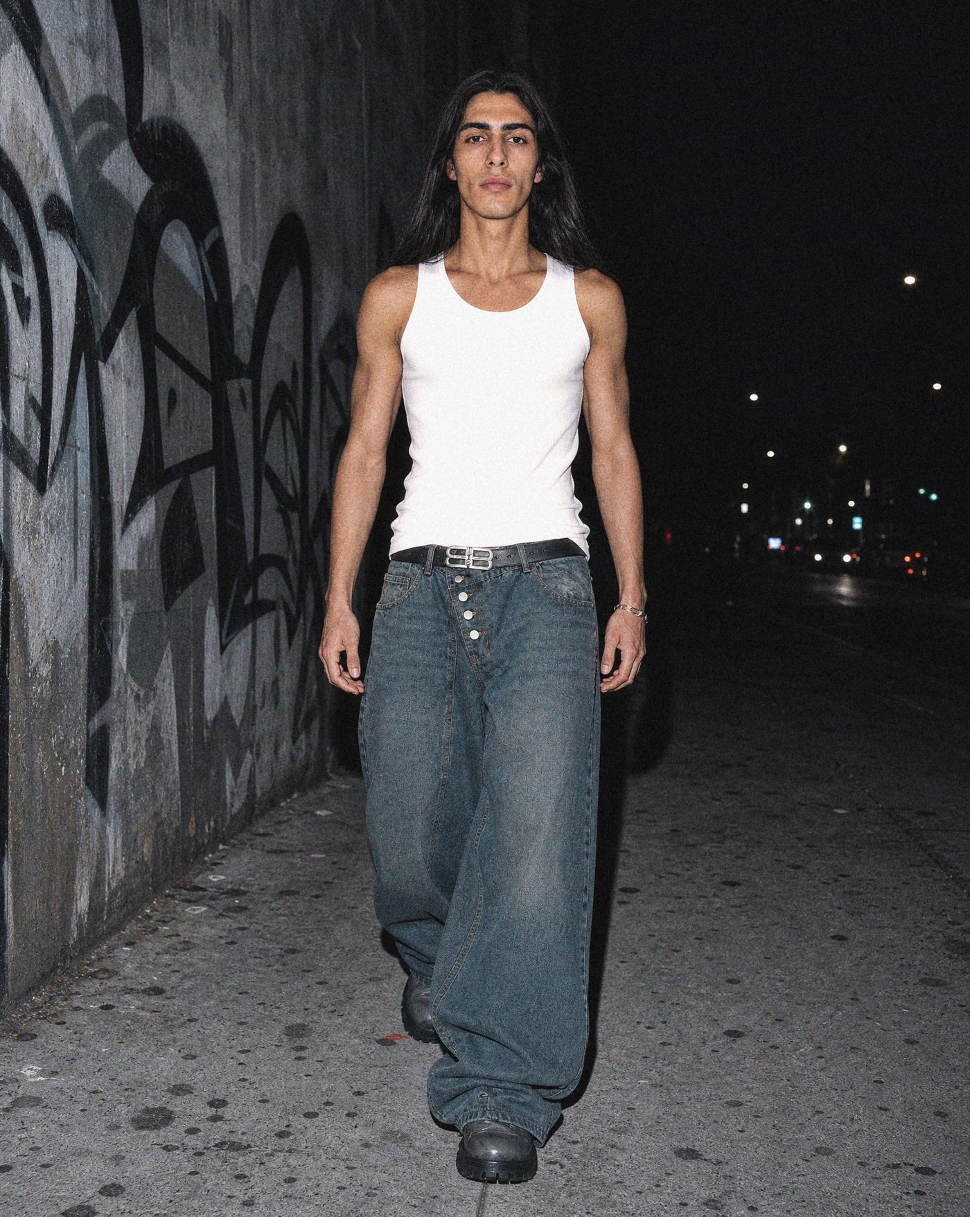 Slant Fly Denim — men's dark blue wide-leg jeans by Sulta Studios